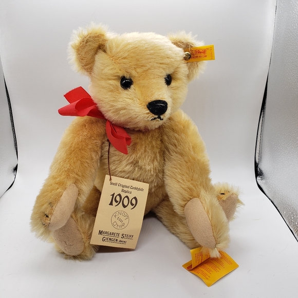 Steiff Tall Blonde Teddy Bear red ribbon